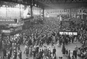 Crowded railroad station london 1949