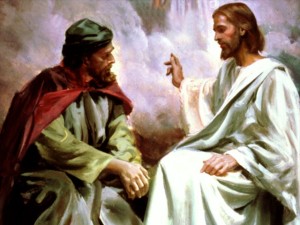 Jesus i samtale med Nikodemus om den nye fødsel.
